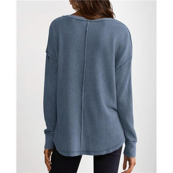 PRETTYGARDEN Waffle Knit V Neck Long Sleeve Tunic Top Oversized Split Hem - Picture 2 of 7